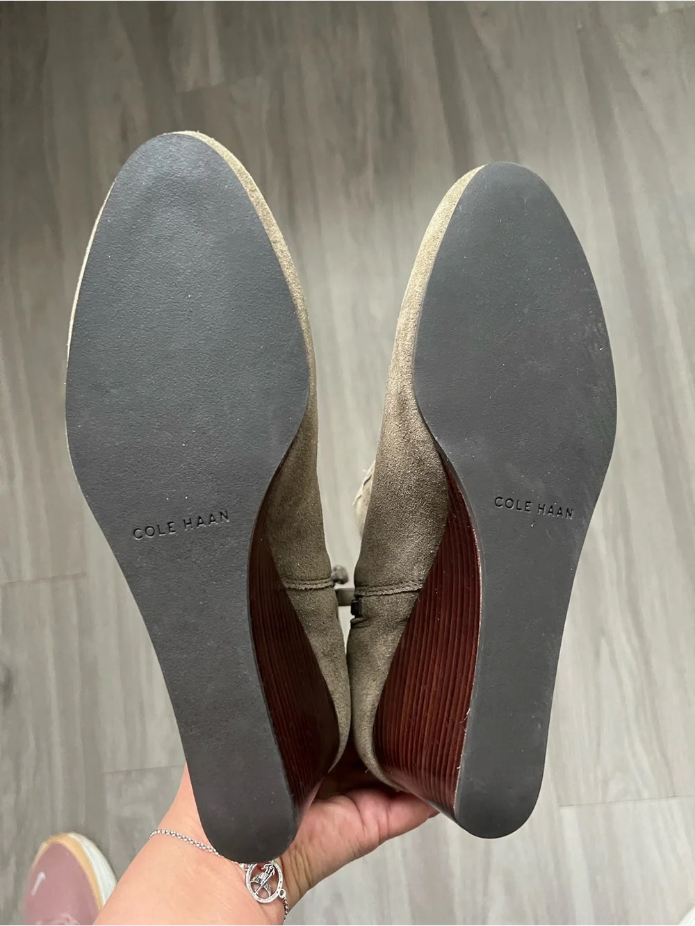 Cole Haan Suede Wedge Ankle Booties Taupe Brown Tassel Zip Size 8B